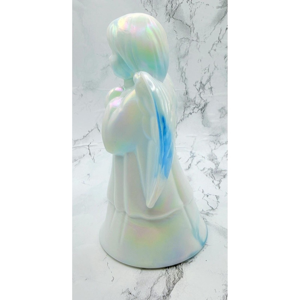 Signed Bill Fenton Celeste Blue Milk Glass Iridescent Angel C18612 6 Inch - Picture 3 of 4